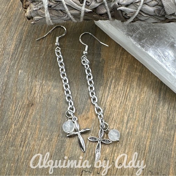 Selenite bohemian extra long earrings fall creamy white pastel colors - Picture 1 of 5